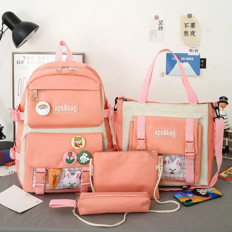 4-piece student school bag canvas contrast color backpack