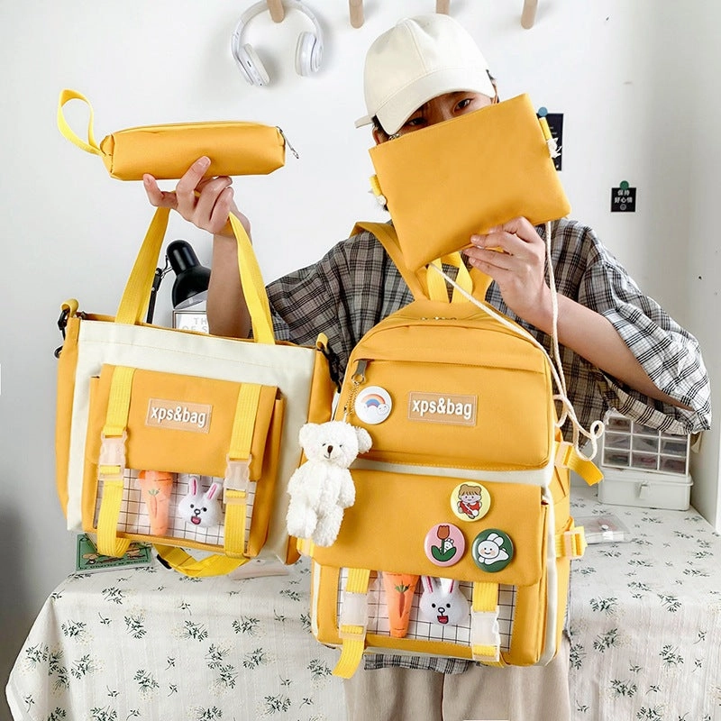 4-piece student school bag canvas contrast color backpack
