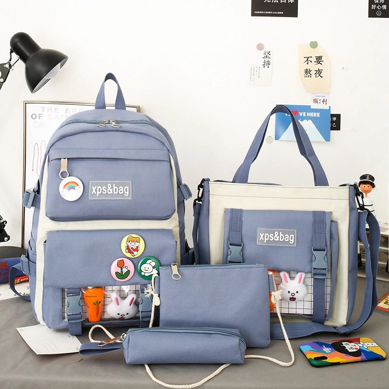 4-piece student school bag canvas contrast color backpack