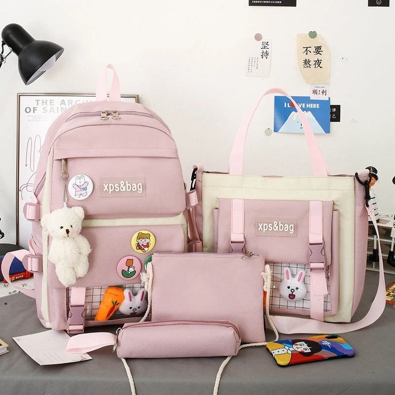 4-piece student school bag canvas contrast color backpack