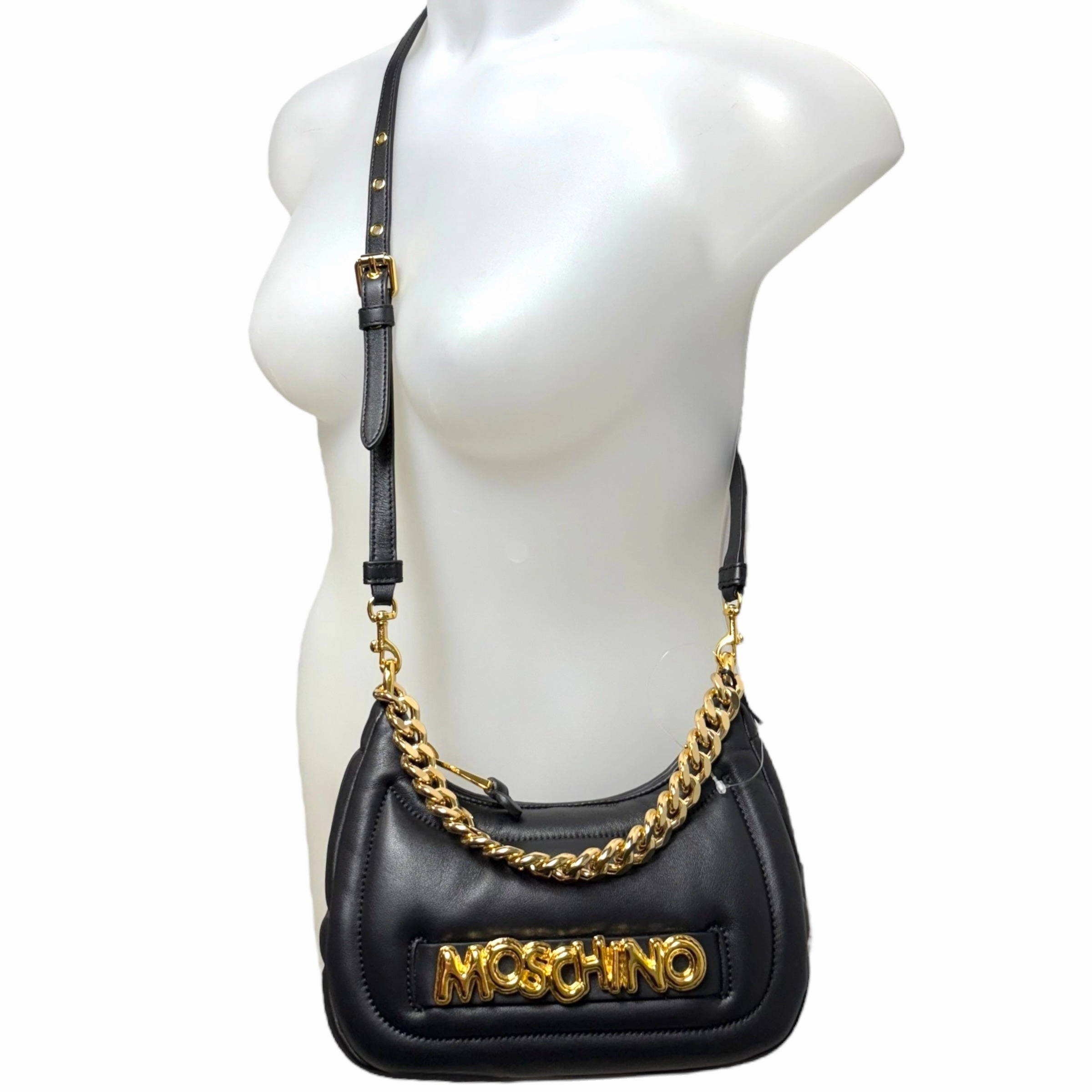 Balloon Lettering Quilted Leather Crescent Bag Luxury Designer By Moschino, Size: Medium