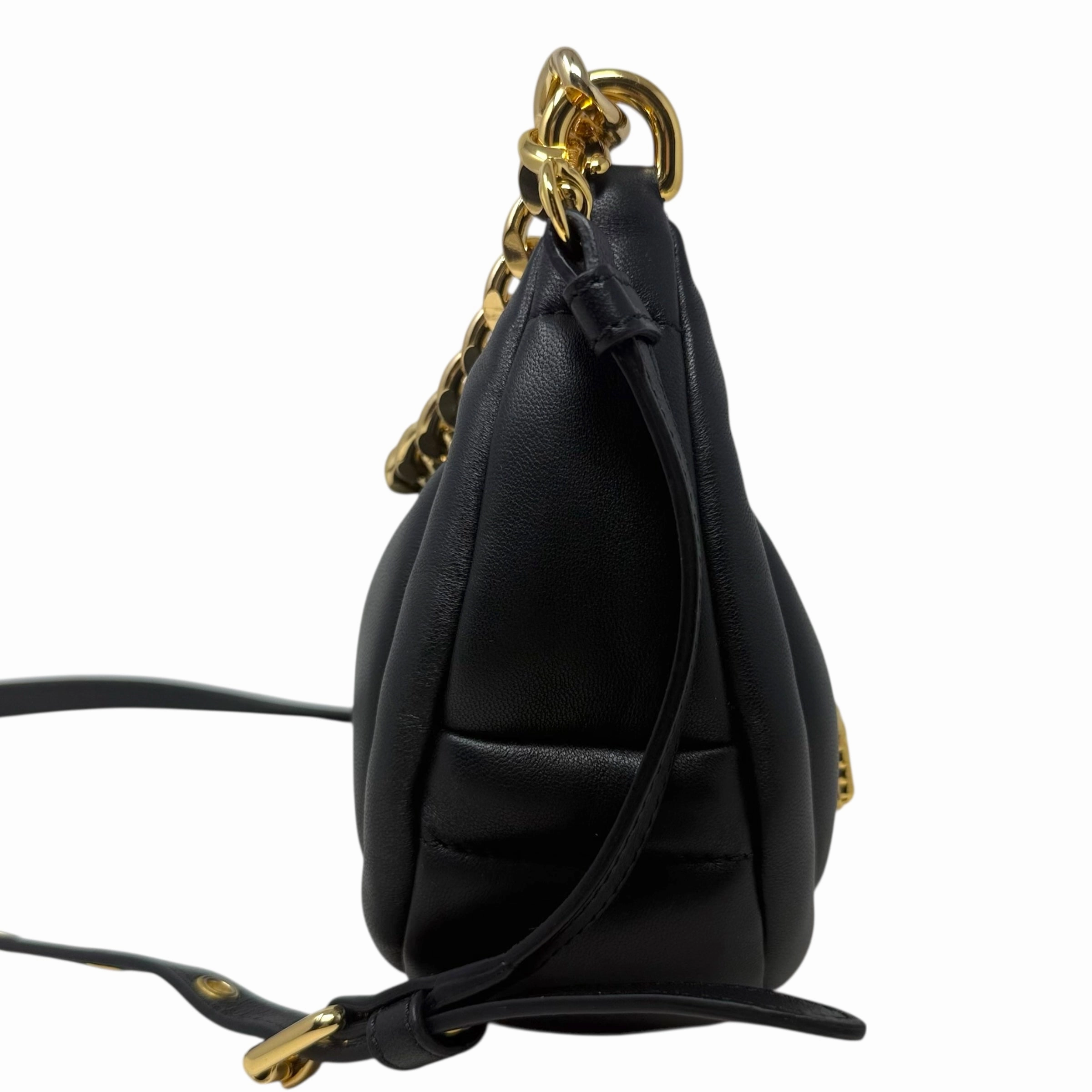 Balloon Lettering Quilted Leather Crescent Bag Luxury Designer By Moschino, Size: Medium