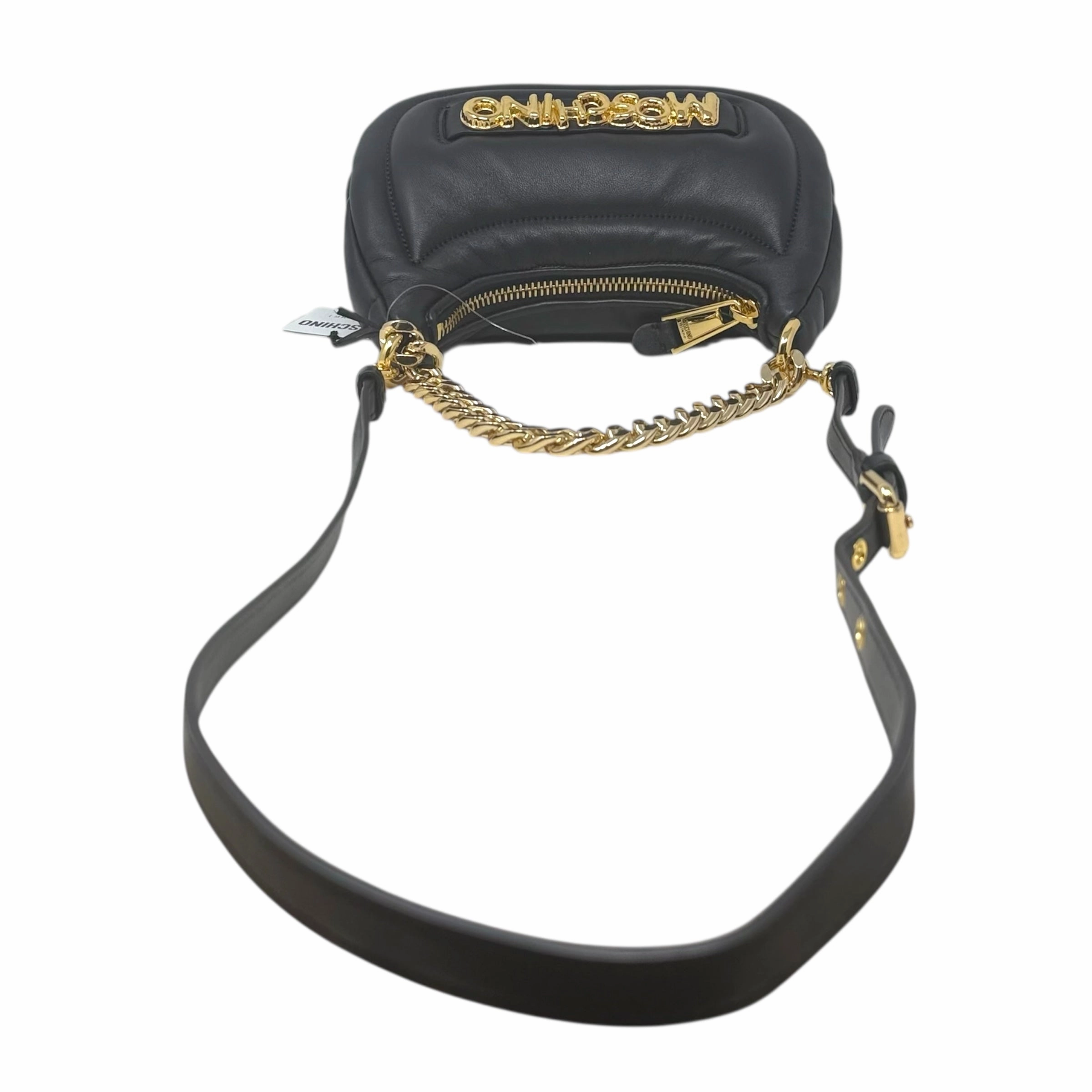 Balloon Lettering Quilted Leather Crescent Bag Luxury Designer By Moschino, Size: Medium