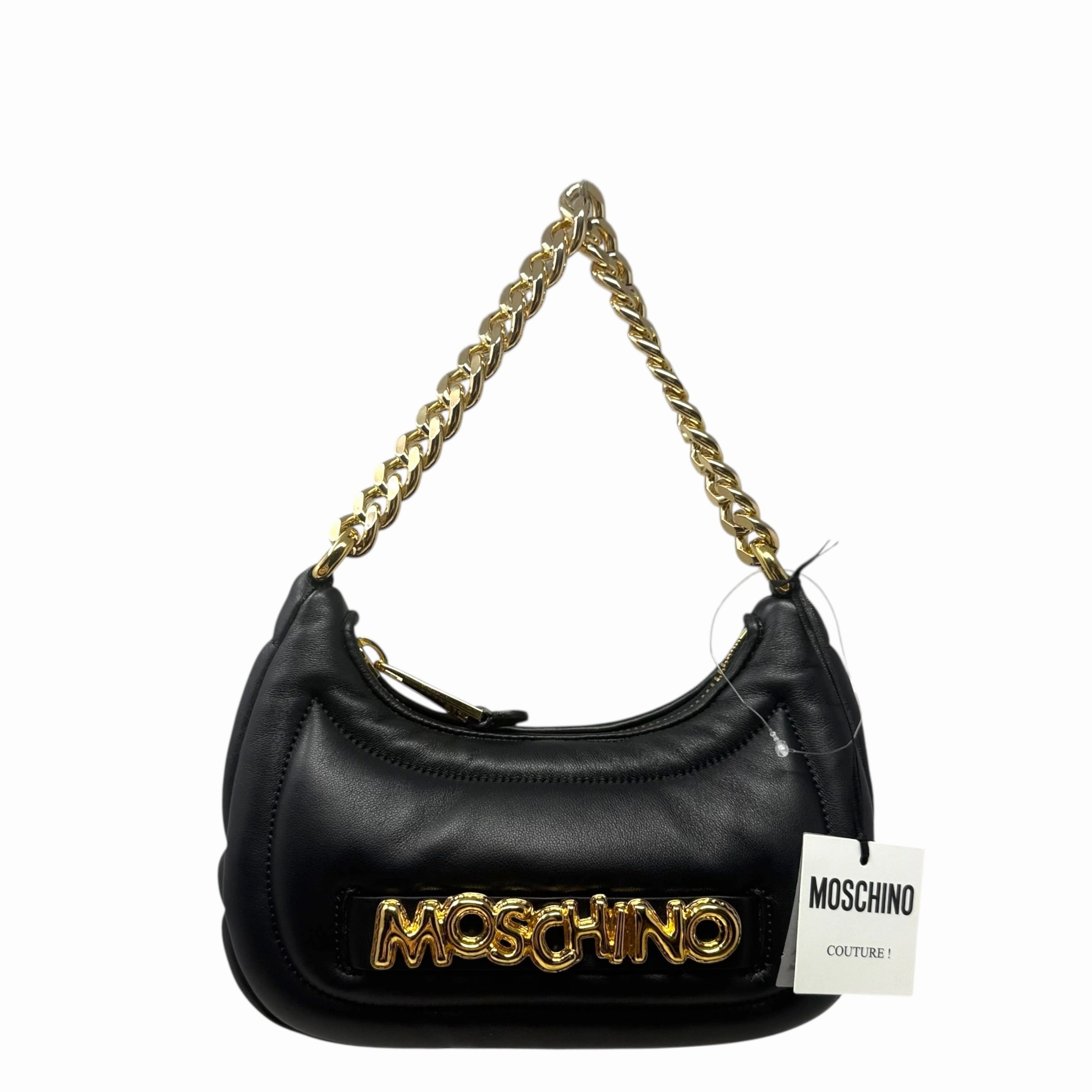 Balloon Lettering Quilted Leather Crescent Bag Luxury Designer By Moschino, Size: Medium