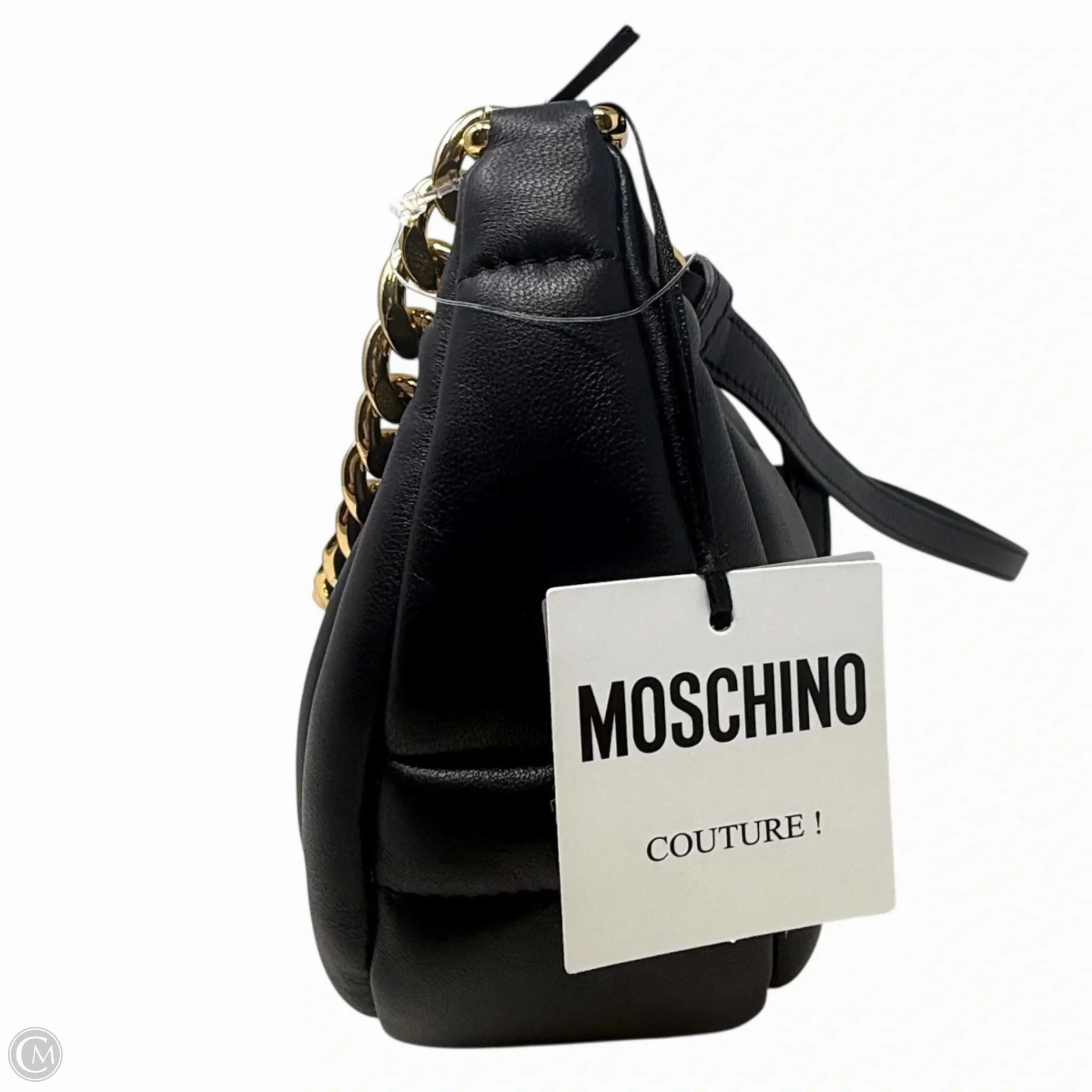 Balloon Lettering Quilted Leather Crescent Bag Luxury Designer By Moschino, Size: Medium