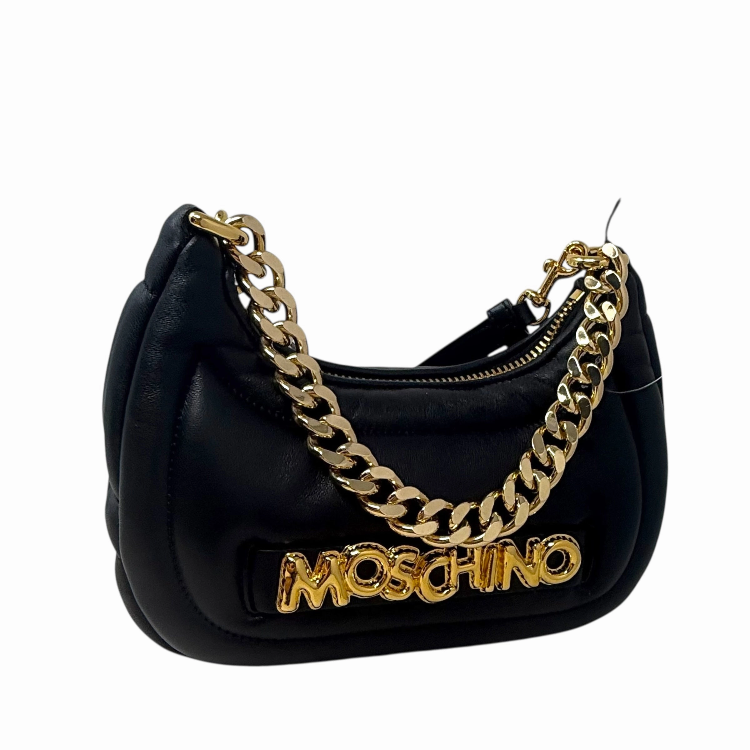 Balloon Lettering Quilted Leather Crescent Bag Luxury Designer By Moschino, Size: Medium