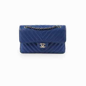 Chanel Caviar Chevron Small Classic Flap Blue Series 25