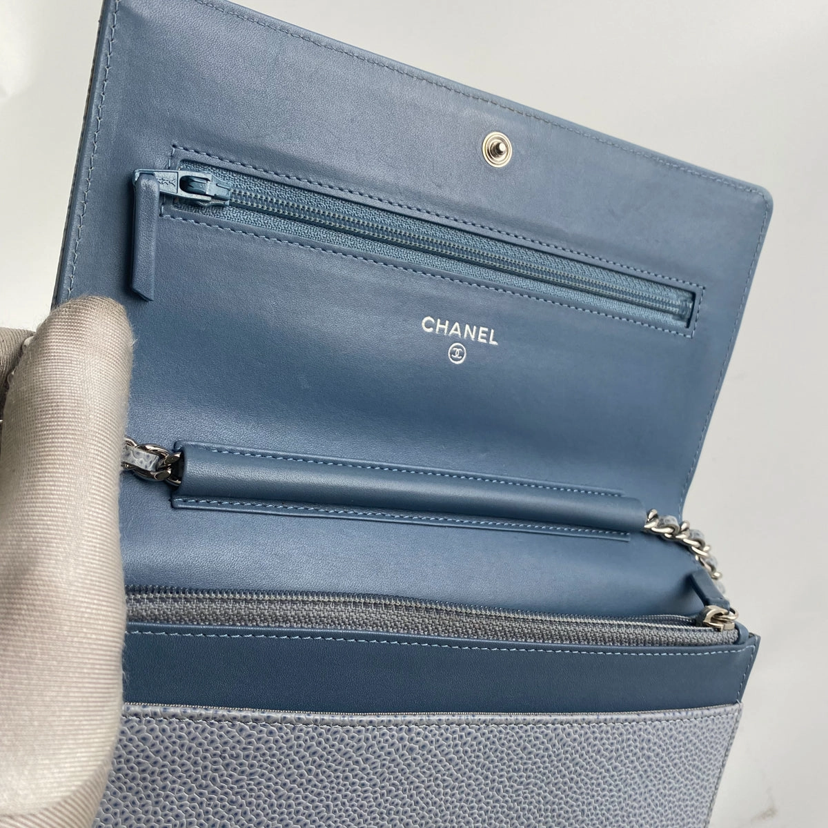 Chanel Caviar Wallet On Chain Light Blue