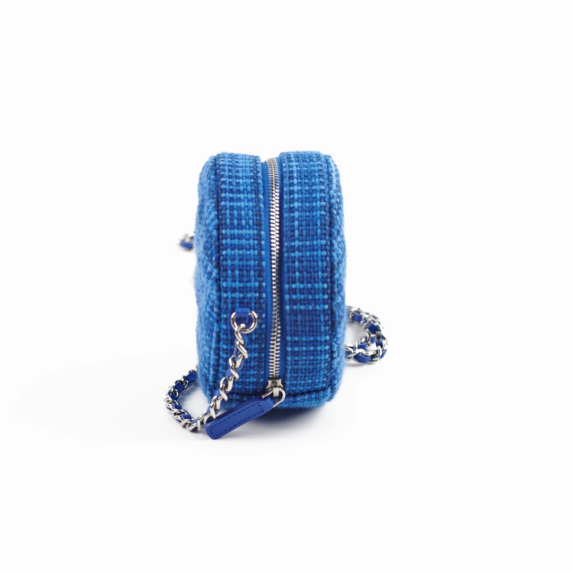 Chanel CC Tweed Mini Round Clutch with Chain Blue 2019