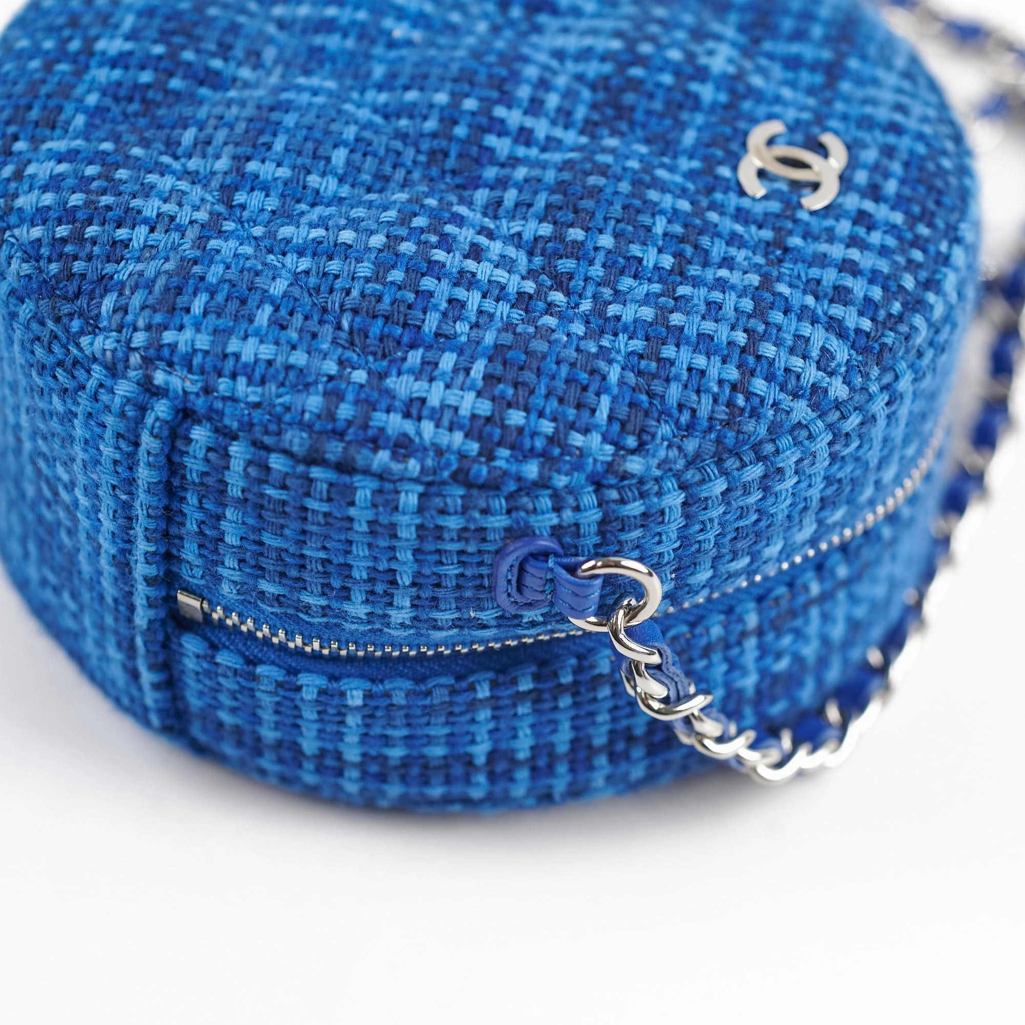Chanel CC Tweed Mini Round Clutch with Chain Blue 2019