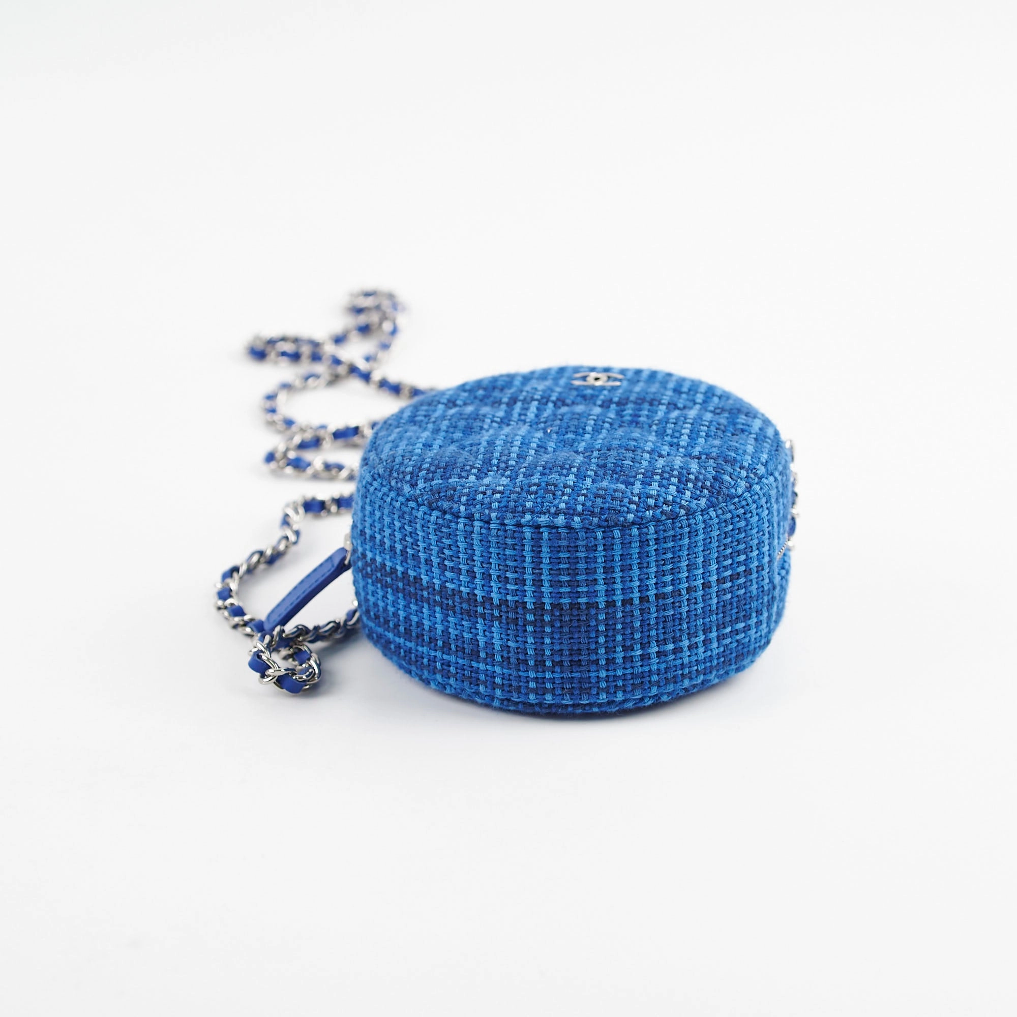 Chanel CC Tweed Mini Round Clutch with Chain Blue 2019