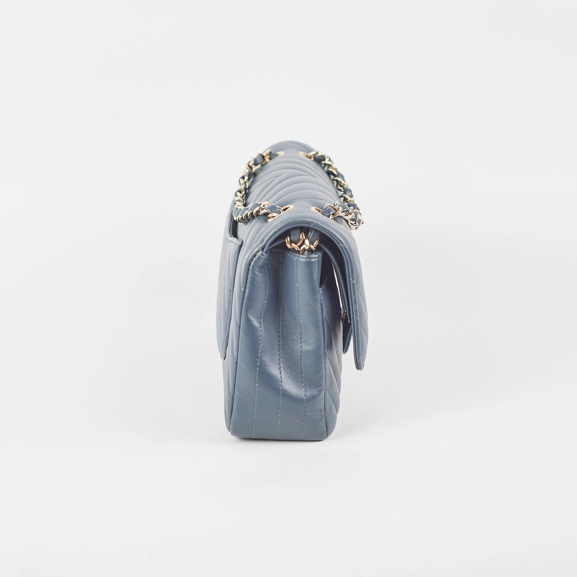 Chanel Chevron M/L Lambskin Classic Flap Dark Grey/Blue