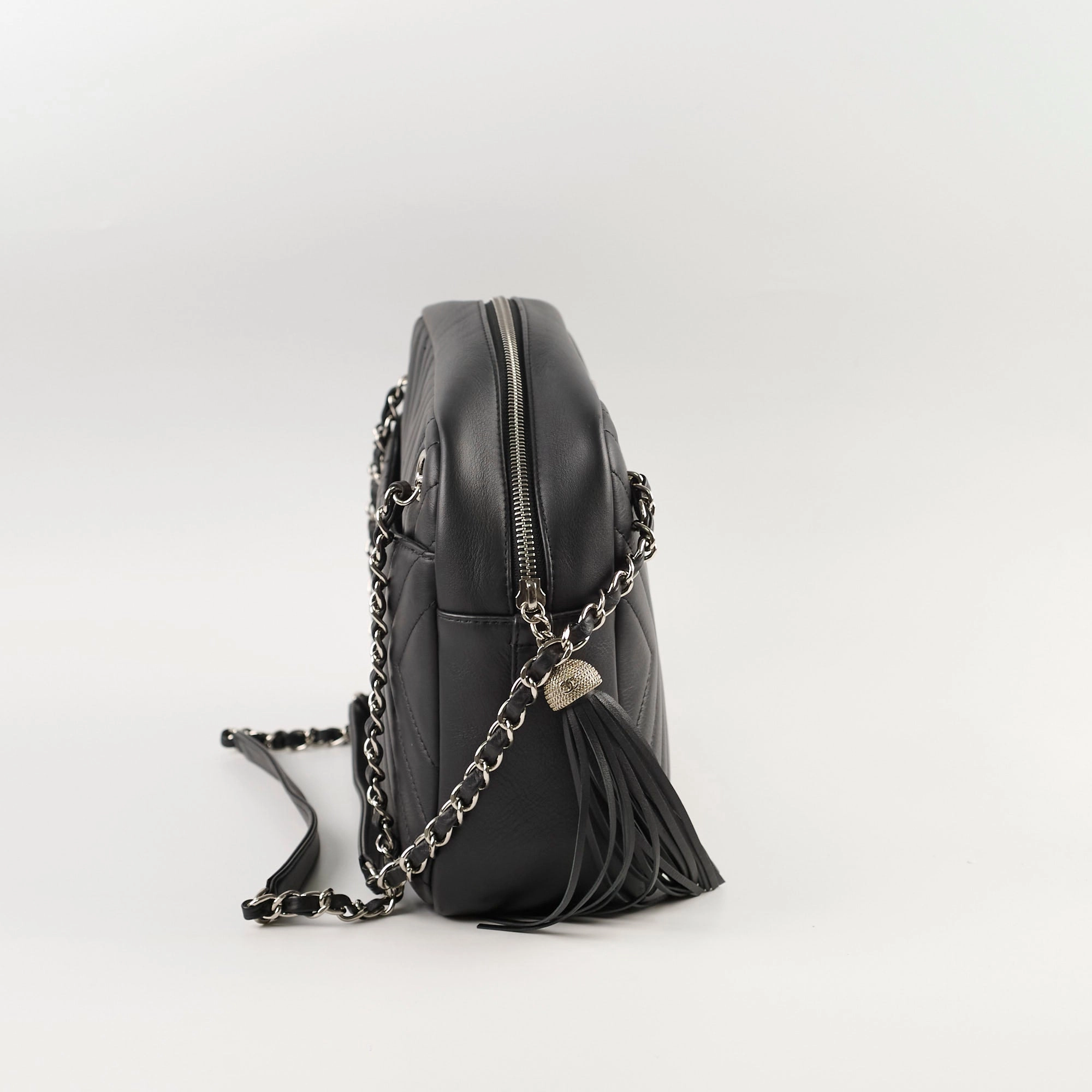 Chanel Diagonal Chevron Quilted Tassel Camera Bag Black