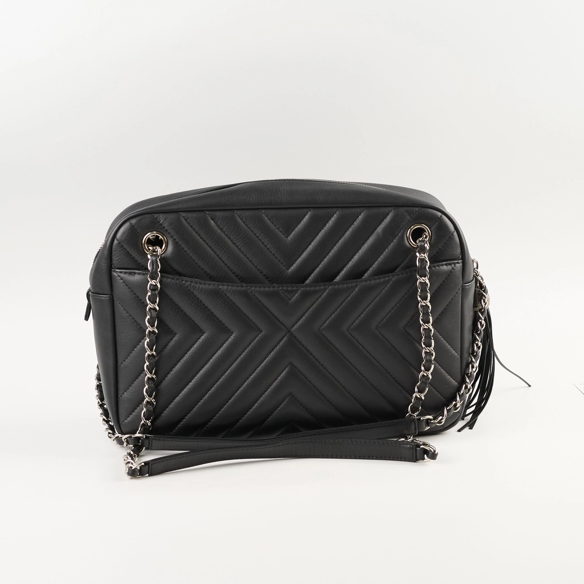 Chanel Diagonal Chevron Quilted Tassel Camera Bag Black