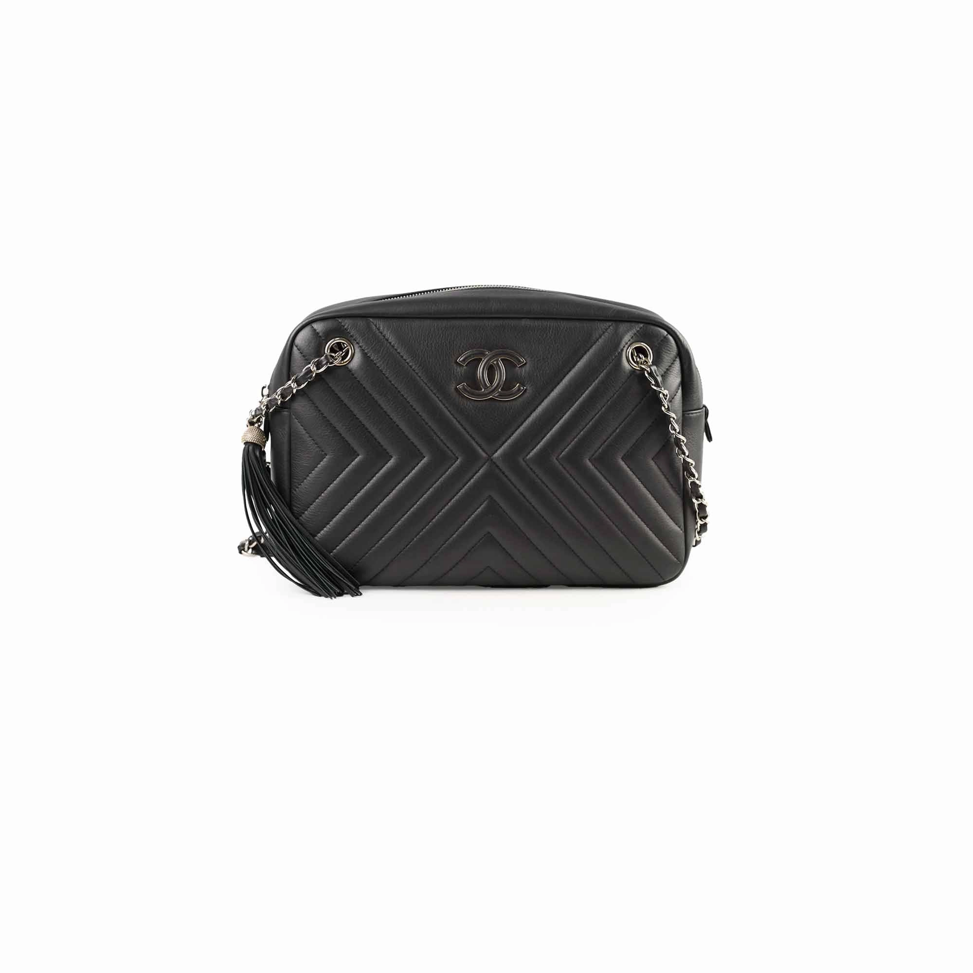 Chanel Diagonal Chevron Quilted Tassel Camera Bag Black