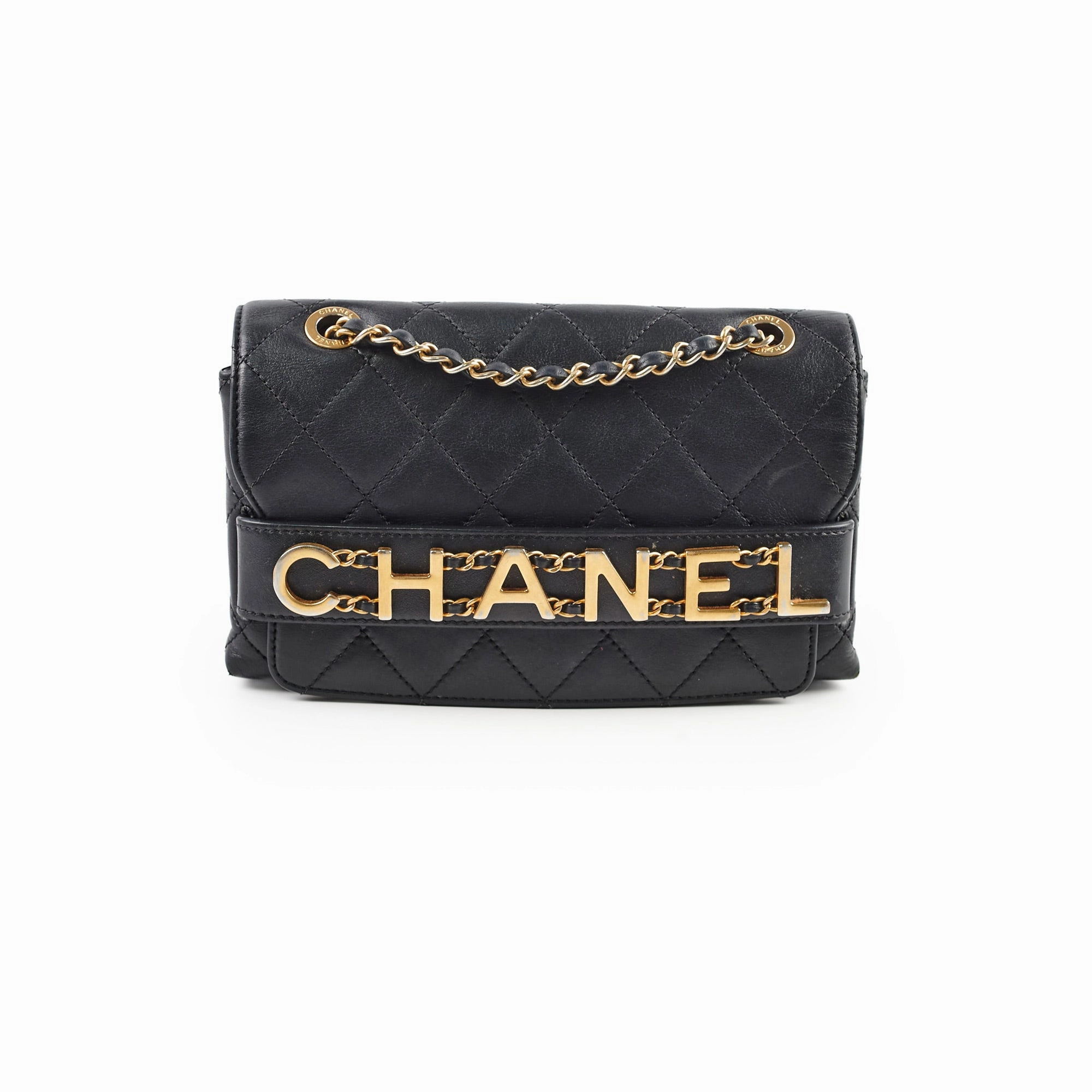 Chanel Logo Enchained Quilted Calfskin Medium Black Flap Bag
