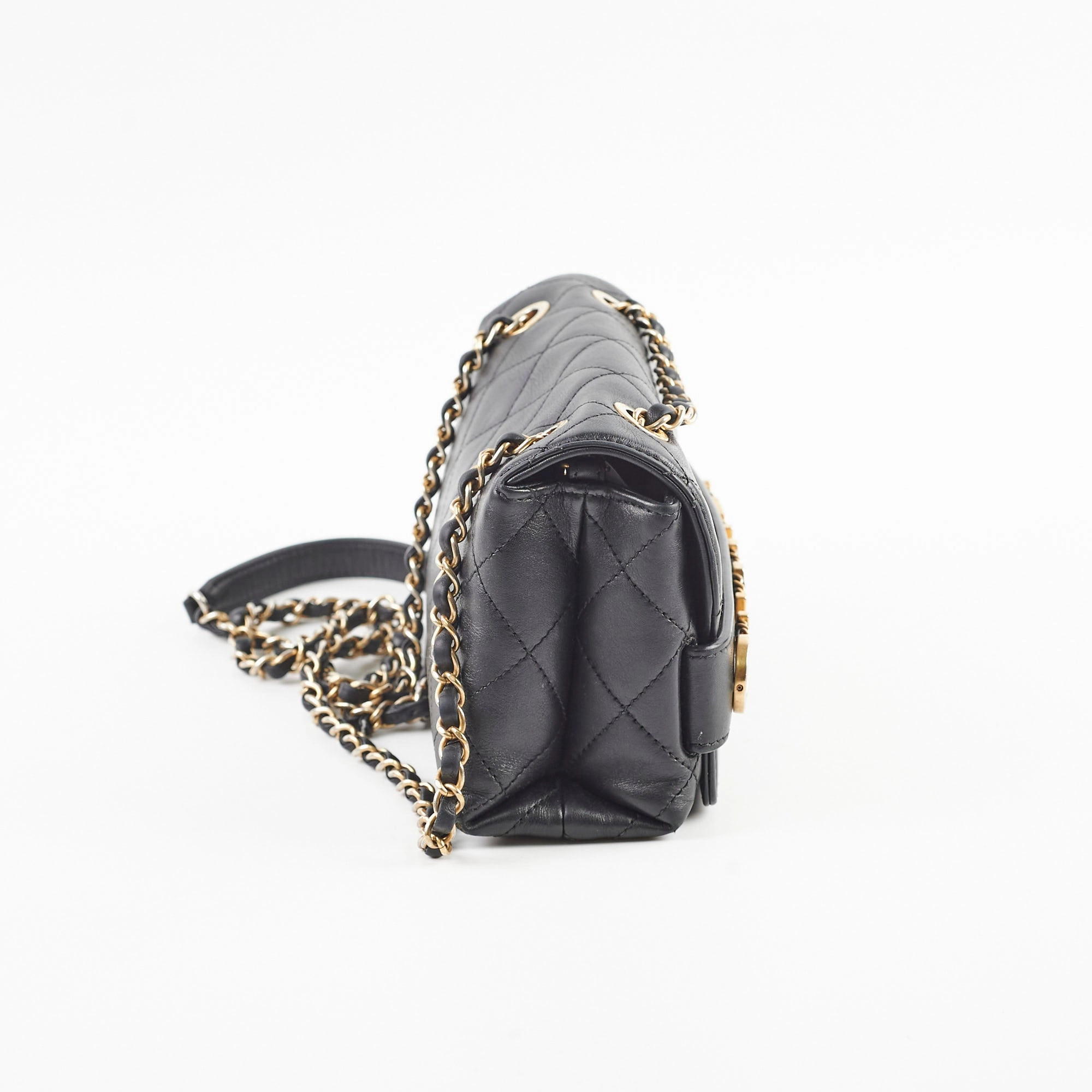 Chanel Logo Enchained Quilted Calfskin Medium Black Flap Bag