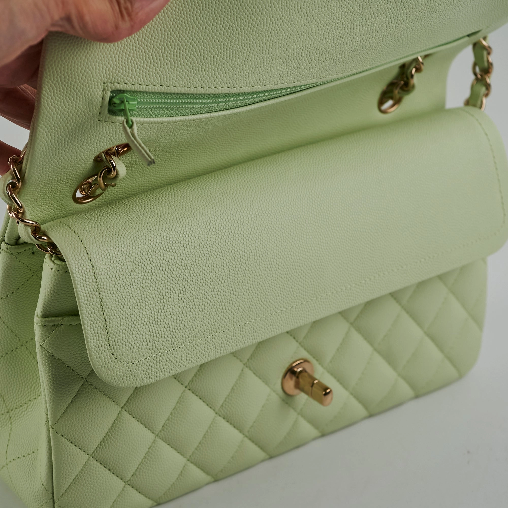 Chanel Medium Caviar Double Classic Flap Light Green