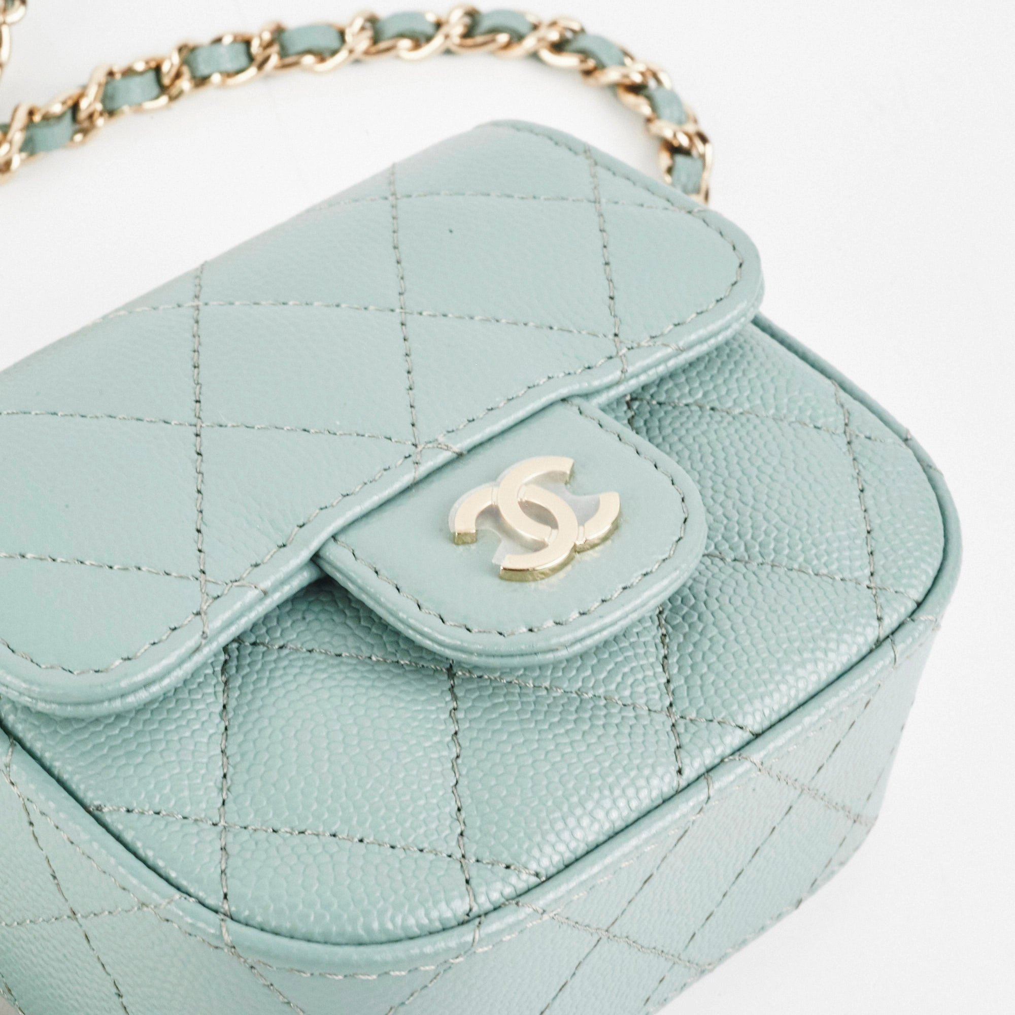 Chanel Micro Bag With Chain Greyish Green LGHW  Caviar