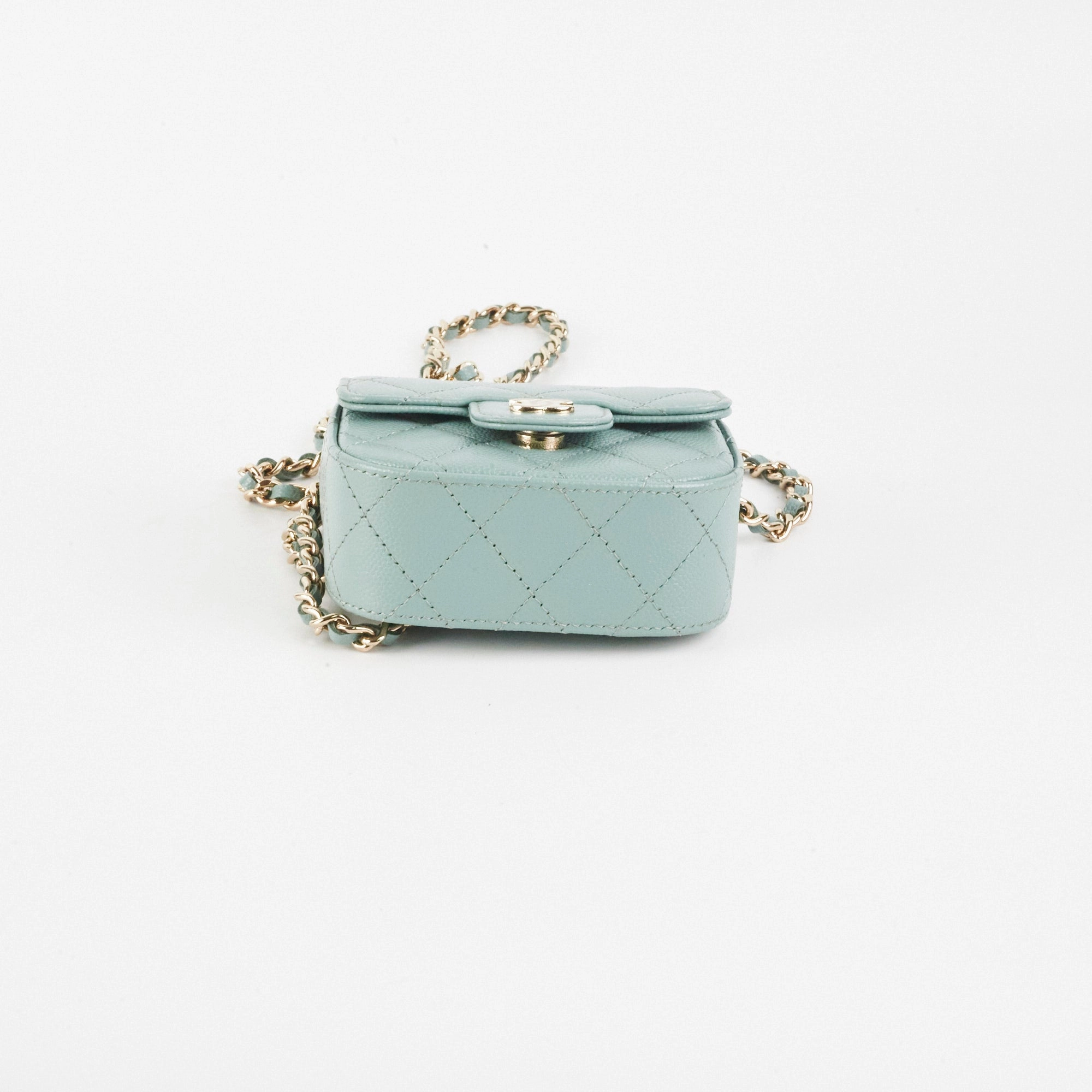 Chanel Micro Bag With Chain Greyish Green LGHW  Caviar