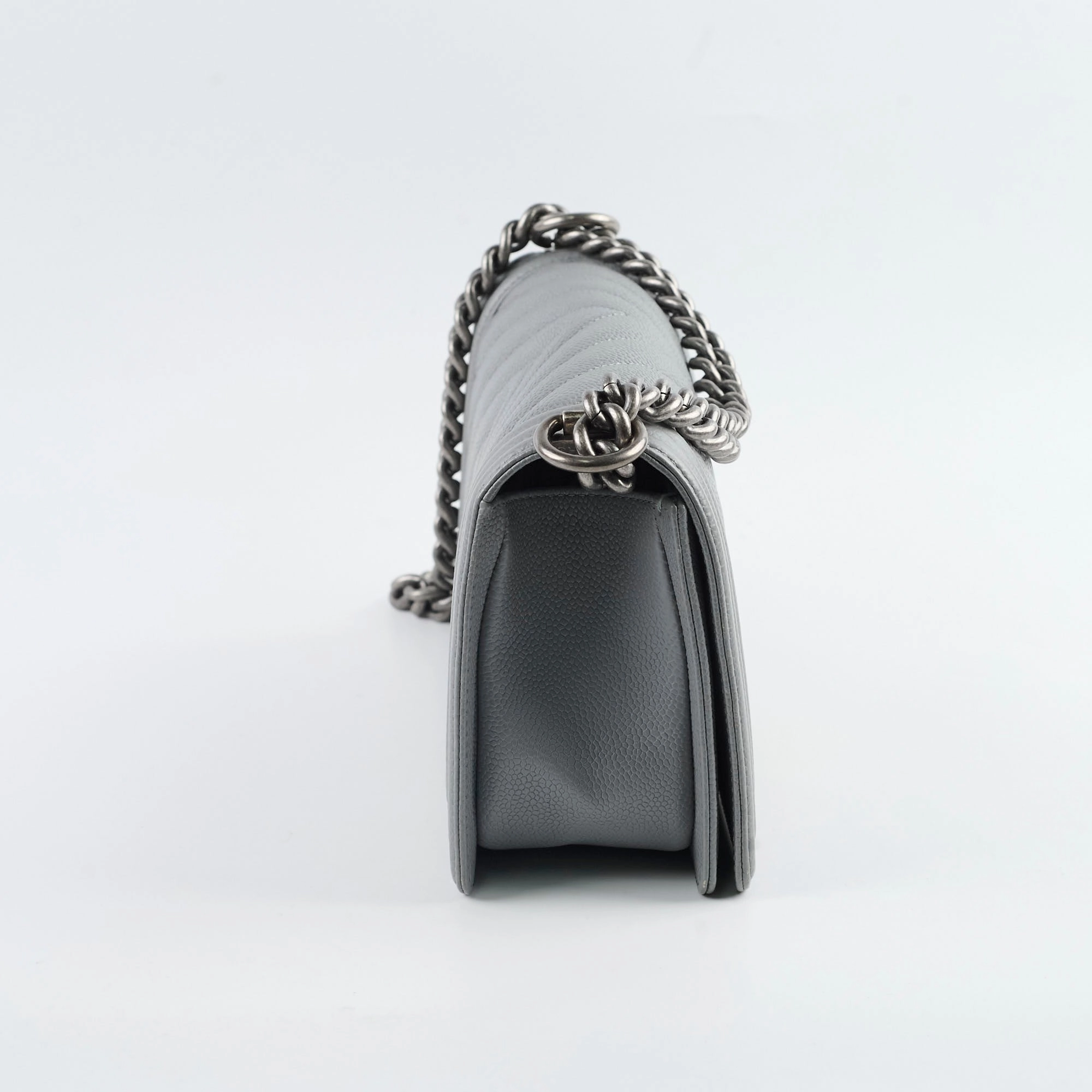 Chanel Old Medium Chevron Boy Bag Grey Caviar