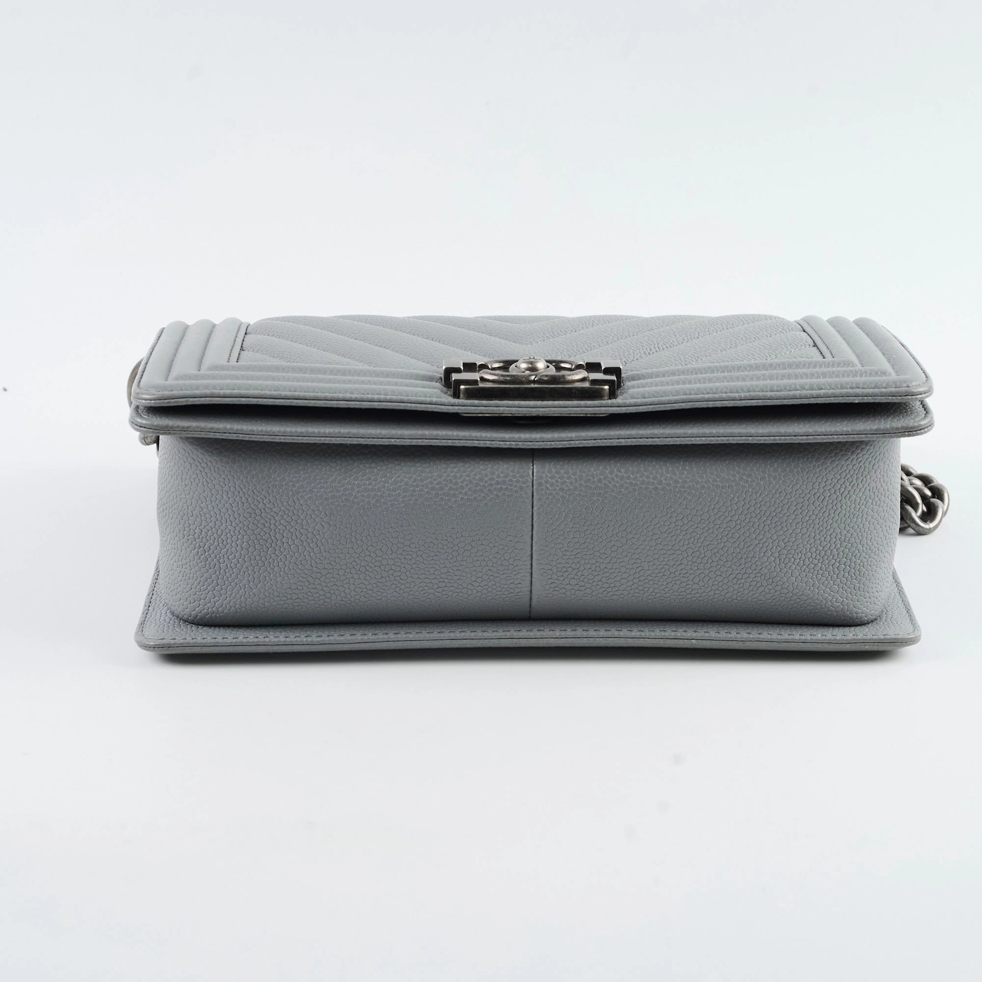Chanel Old Medium Chevron Boy Bag Grey Caviar
