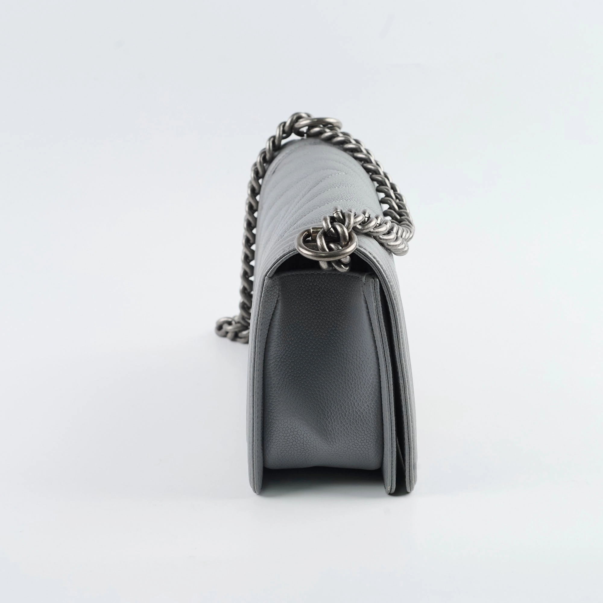 Chanel Old Medium Chevron Boy Bag Grey Caviar