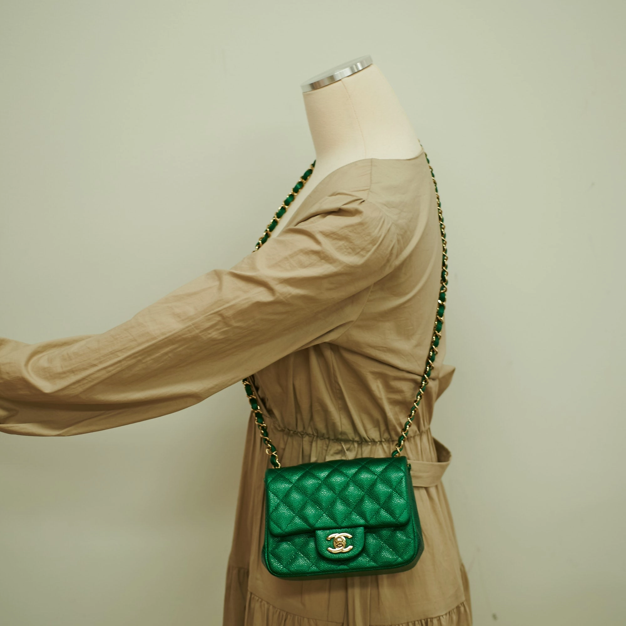 Chanel Quilted Caviar Mini Square 18S Emerald Green