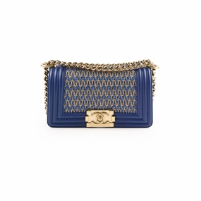 Chanel Small Boy Navy Raffia Crossbody Bag