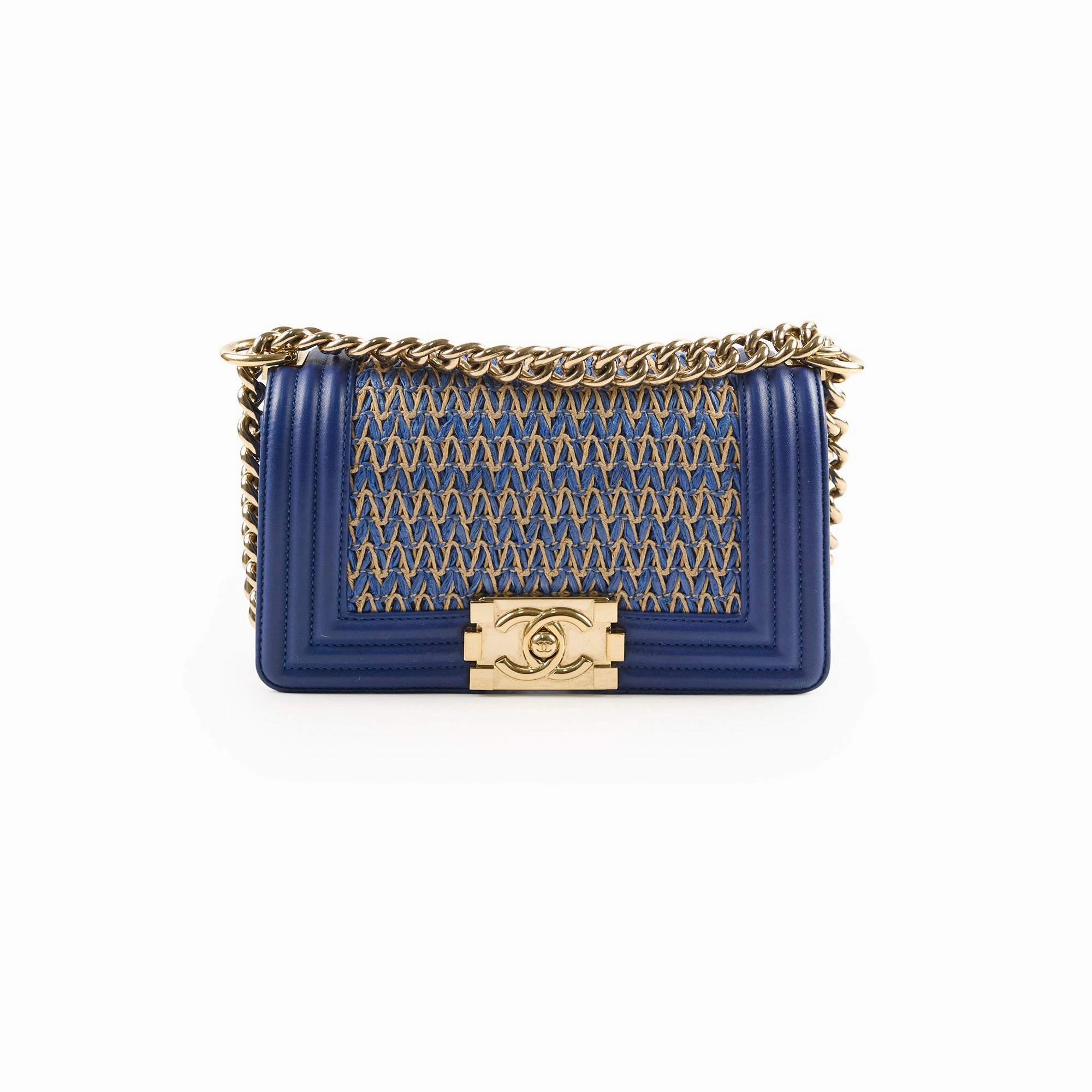 Chanel Small Boy Navy Raffia Crossbody Bag