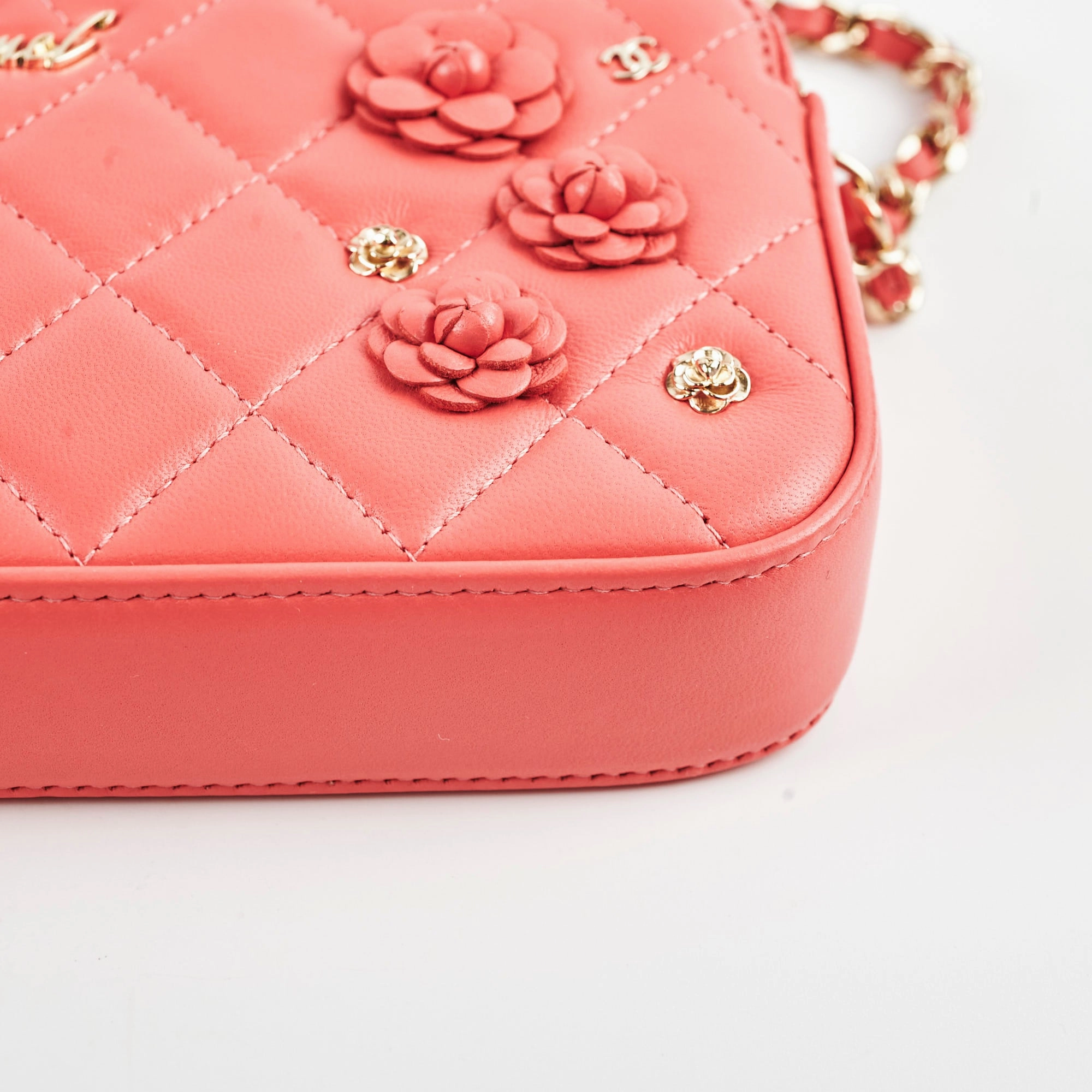 Chanel Small Camelia CC Clucth with Chain Coral