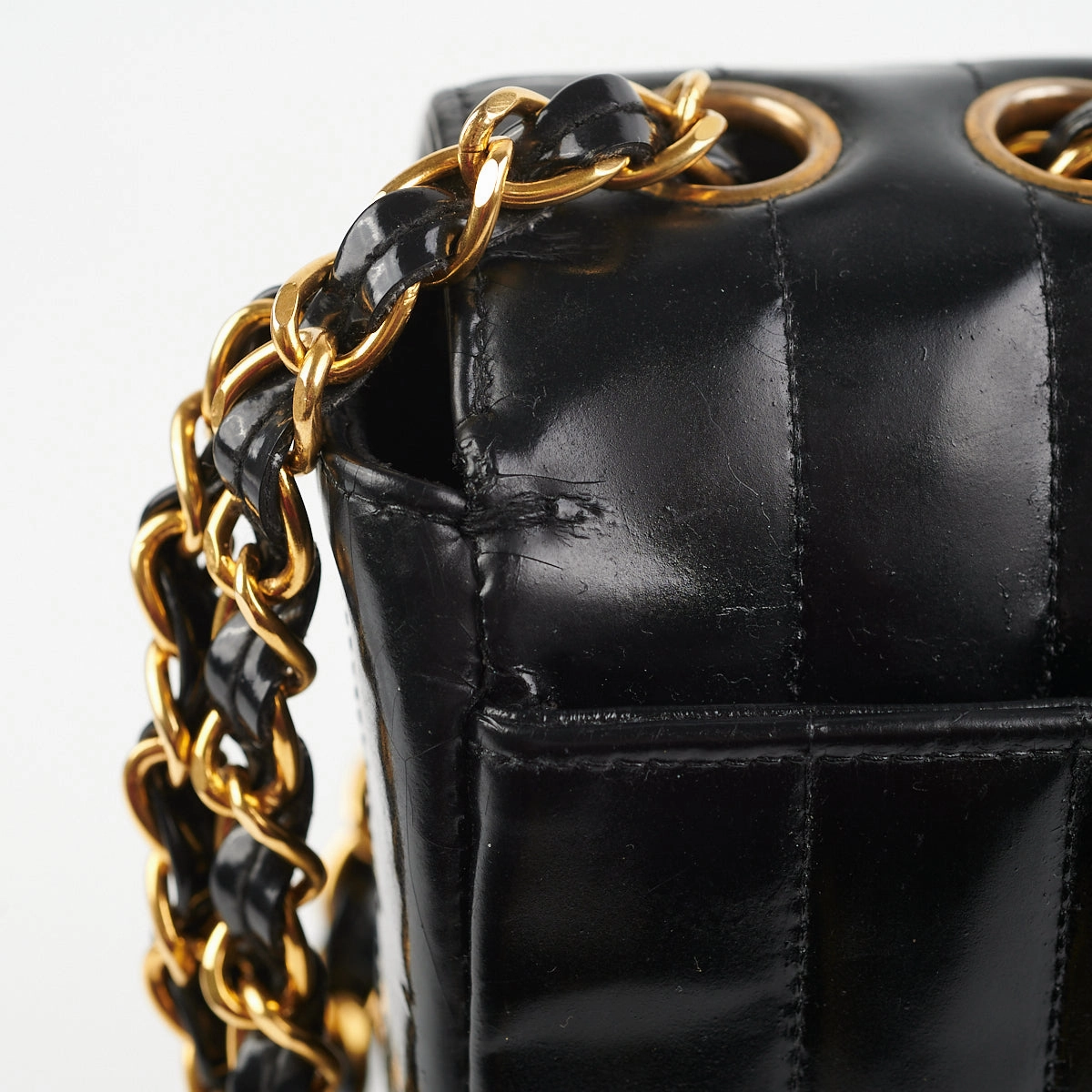 Chanel Vintage Vertical Half Flap Black Shiny Leather