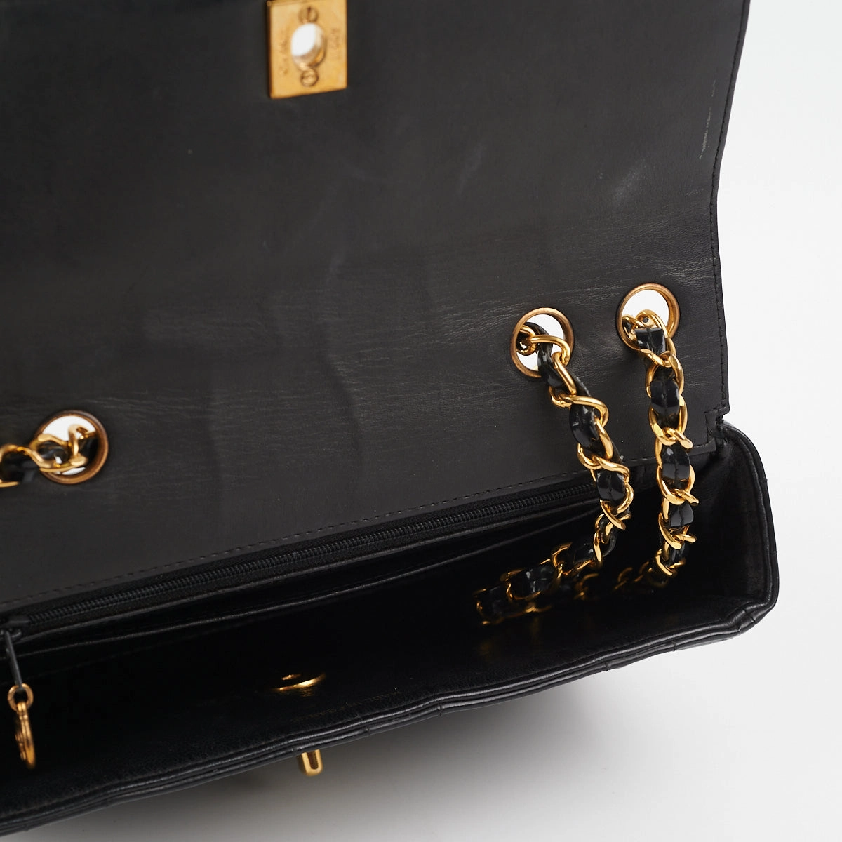 Chanel Vintage Vertical Half Flap Black Shiny Leather