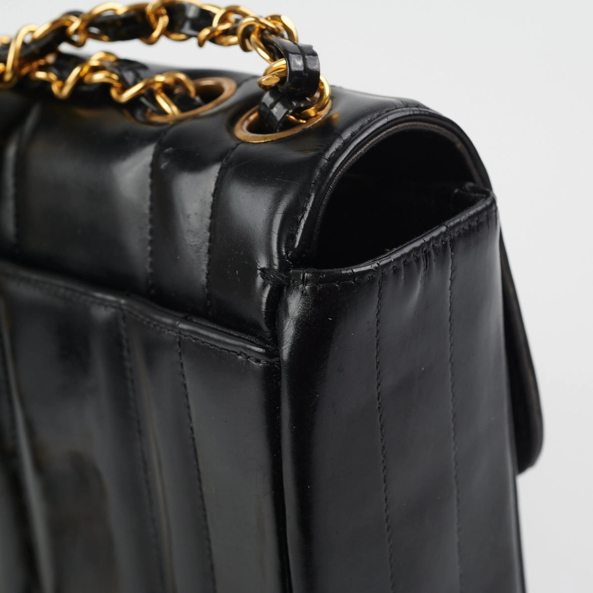 Chanel Vintage Vertical Half Flap Black Shiny Leather