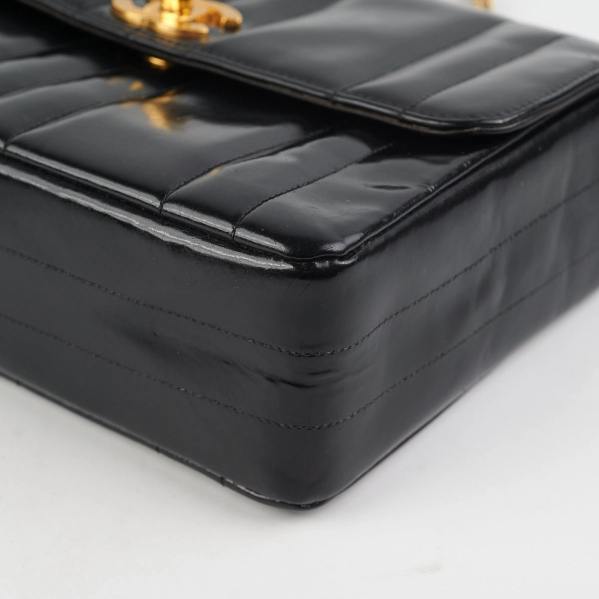 Chanel Vintage Vertical Half Flap Black Shiny Leather