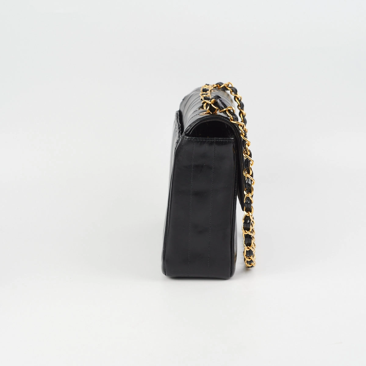 Chanel Vintage Vertical Half Flap Black Shiny Leather