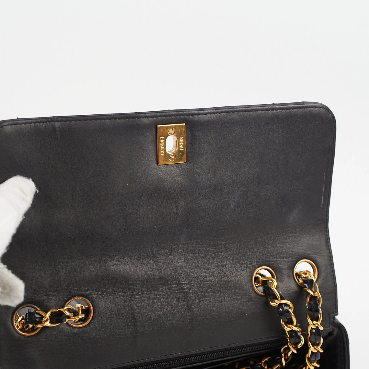 Chanel Vintage Vertical Half Flap Black Shiny Leather