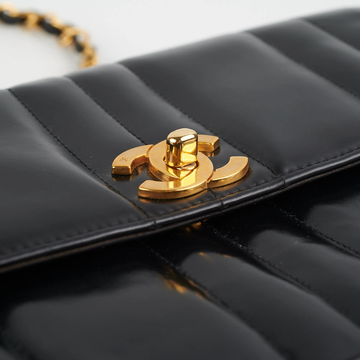 Chanel Vintage Vertical Half Flap Black Shiny Leather