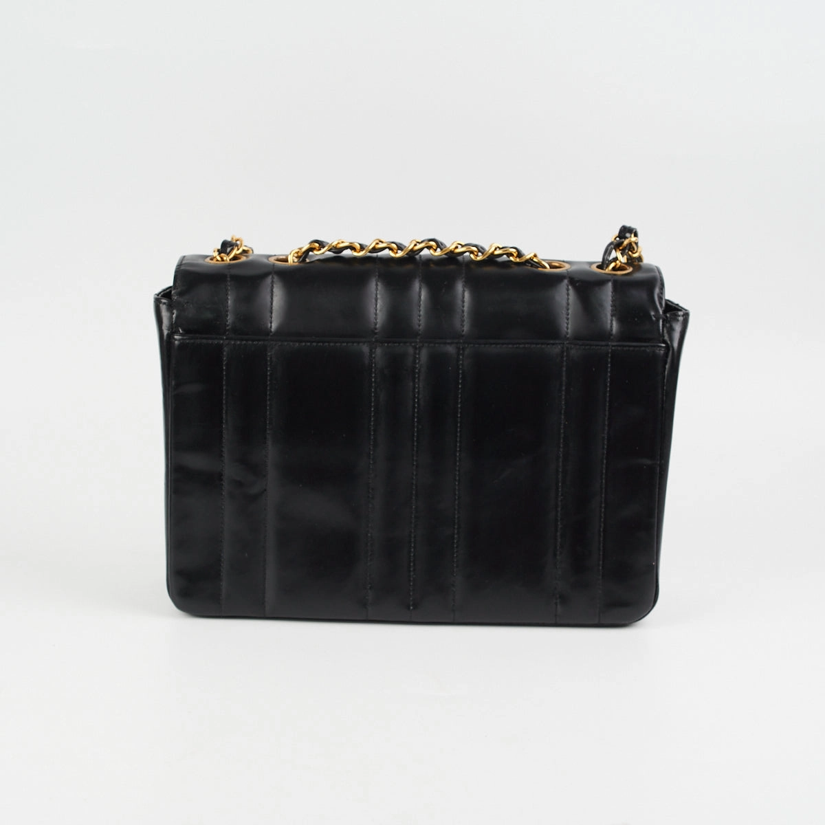 Chanel Vintage Vertical Half Flap Black Shiny Leather