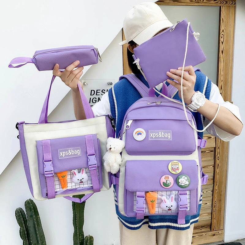 Four-piece student backpack canvas contrast color