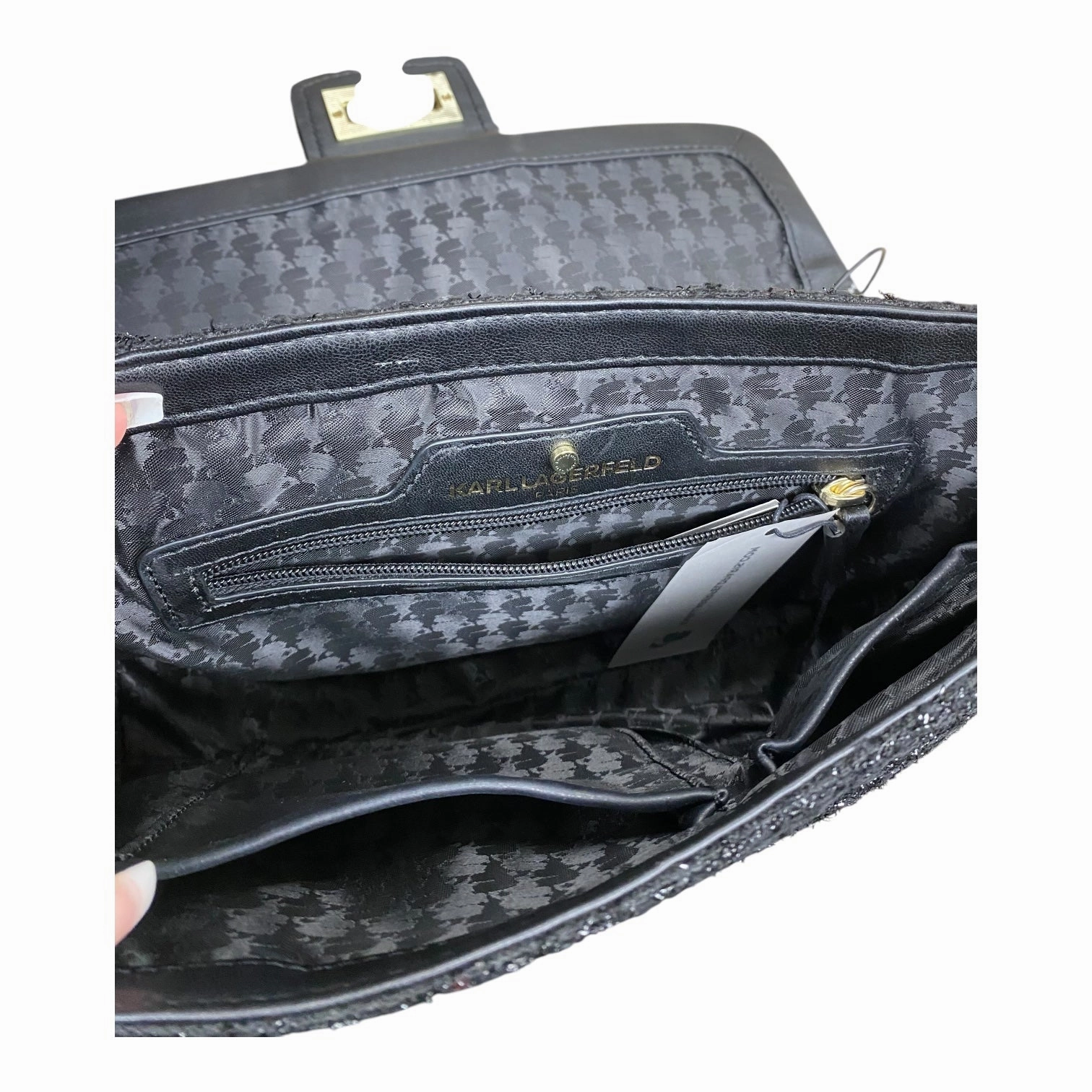 Handbag Designer By Karl Lagerfeld In Black & Gold, Size:Medium