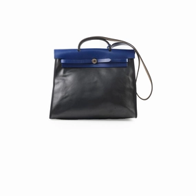 Hermes Herbag Zip 39 Bag Berline Canvas/Leather Black/Blue SHW