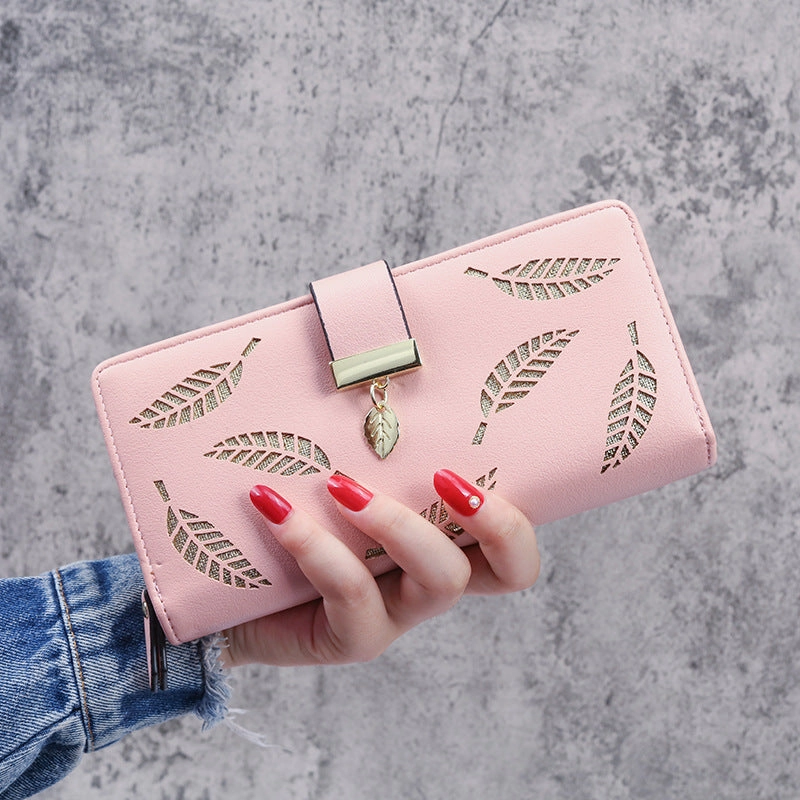 Hollow Leaf Zipper Button Wallet