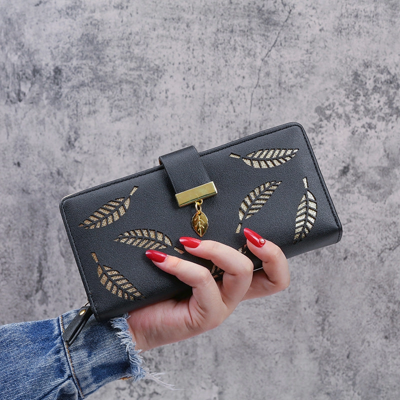 Hollow Leaf Zipper Button Wallet
