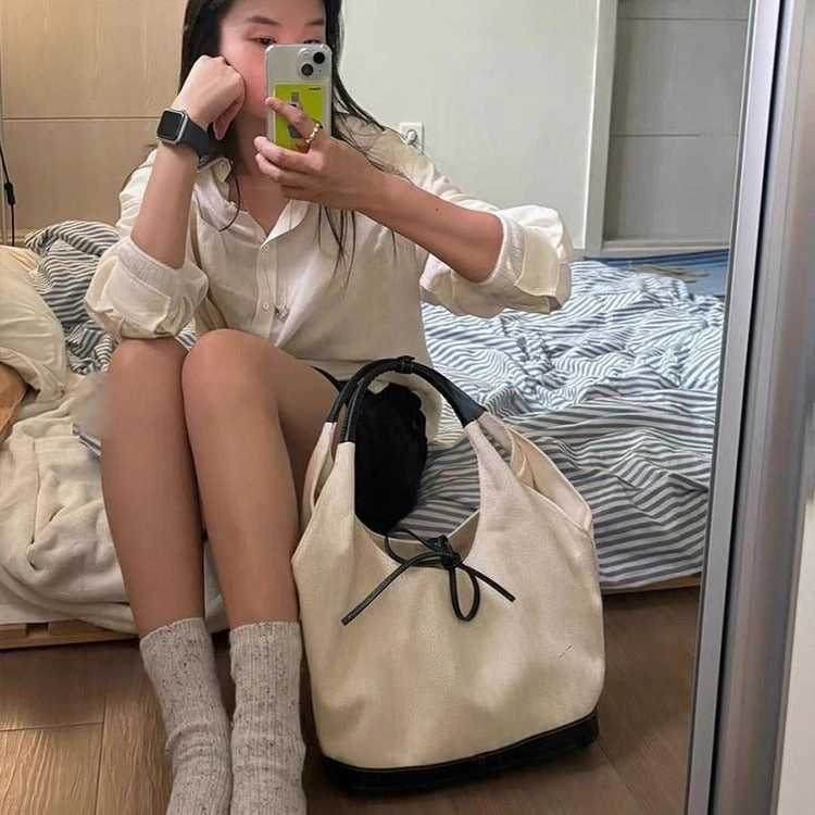 Korean niche retro stitching canvas tote bag