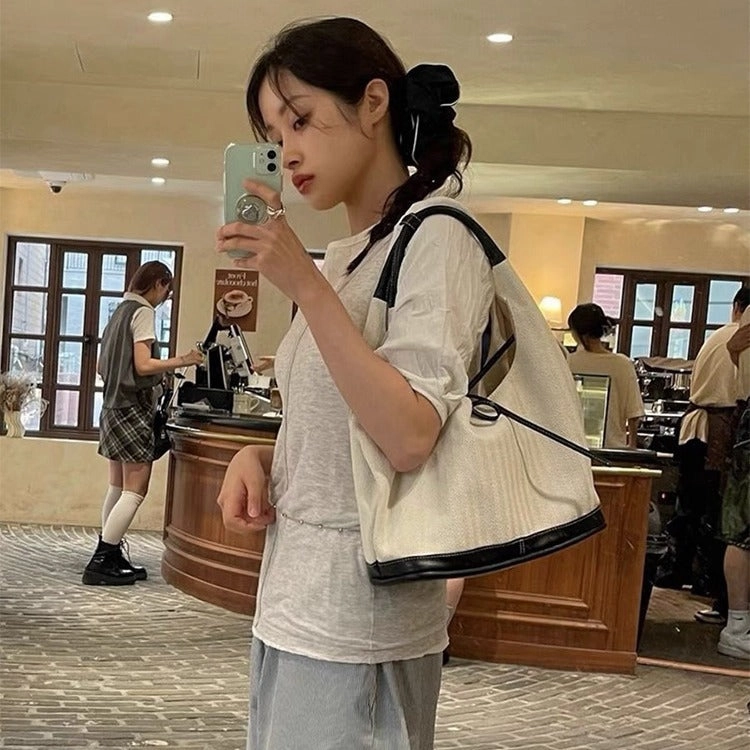Korean niche retro stitching canvas tote bag