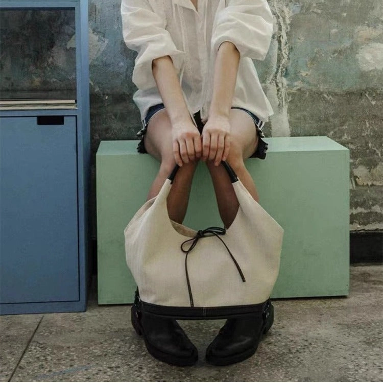 Korean niche retro stitching canvas tote bag