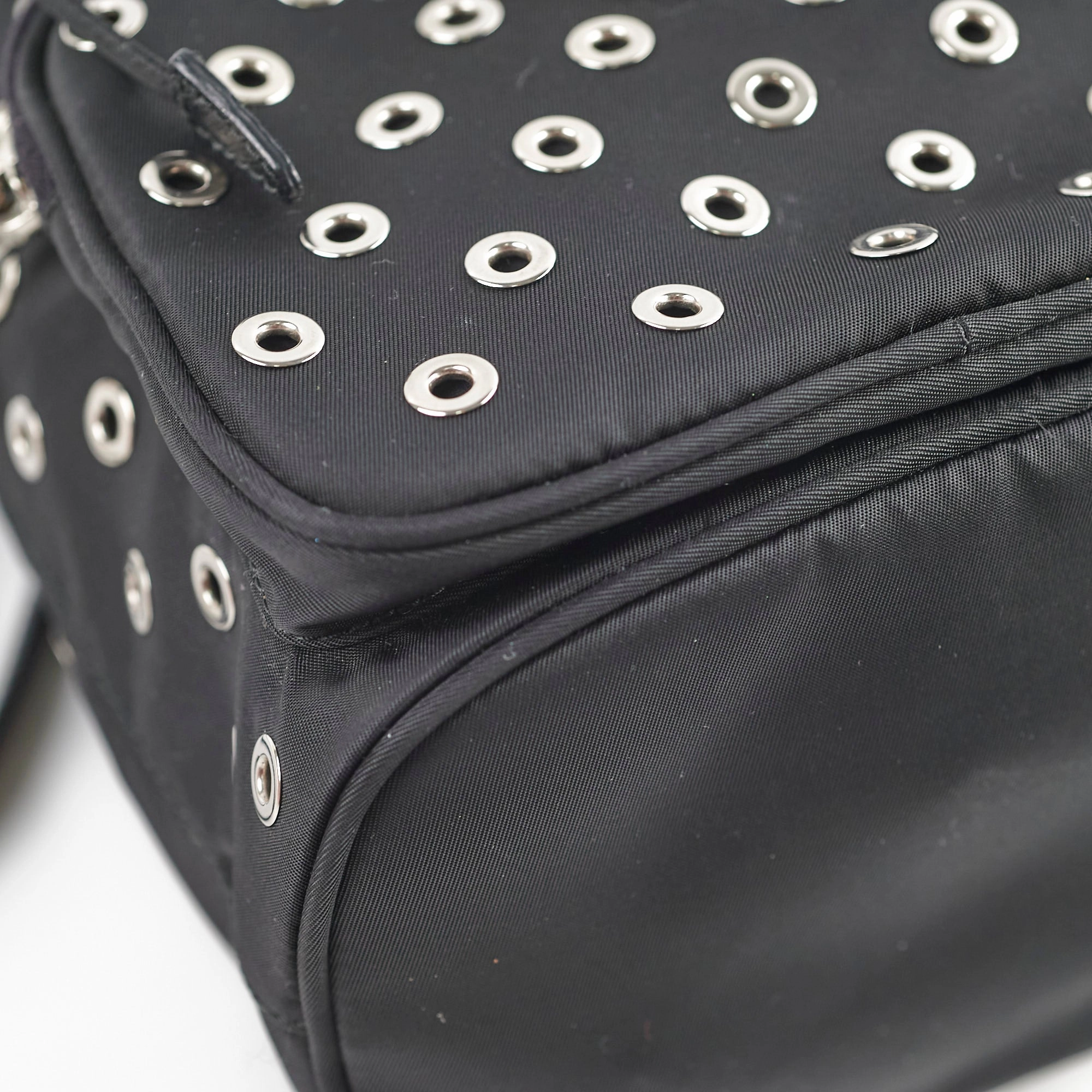 Prada Tessuto Nylon Saffiano Grommets Mini Bucket Crossbody Black
