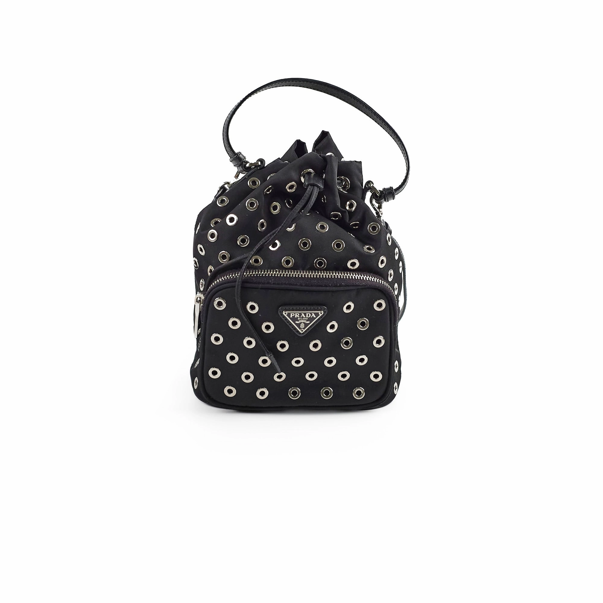 Prada Tessuto Nylon Saffiano Grommets Mini Bucket Crossbody Black