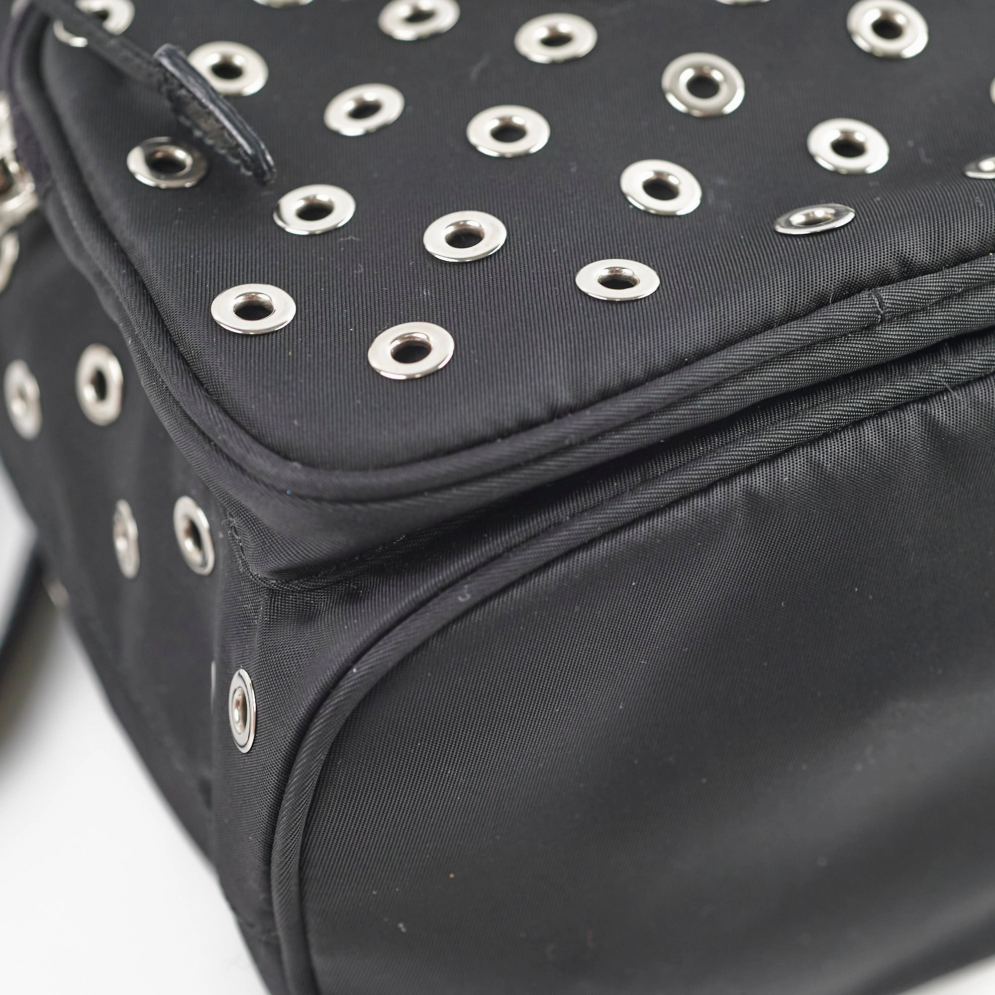 Prada Tessuto Nylon Saffiano Grommets Mini Bucket Crossbody Black